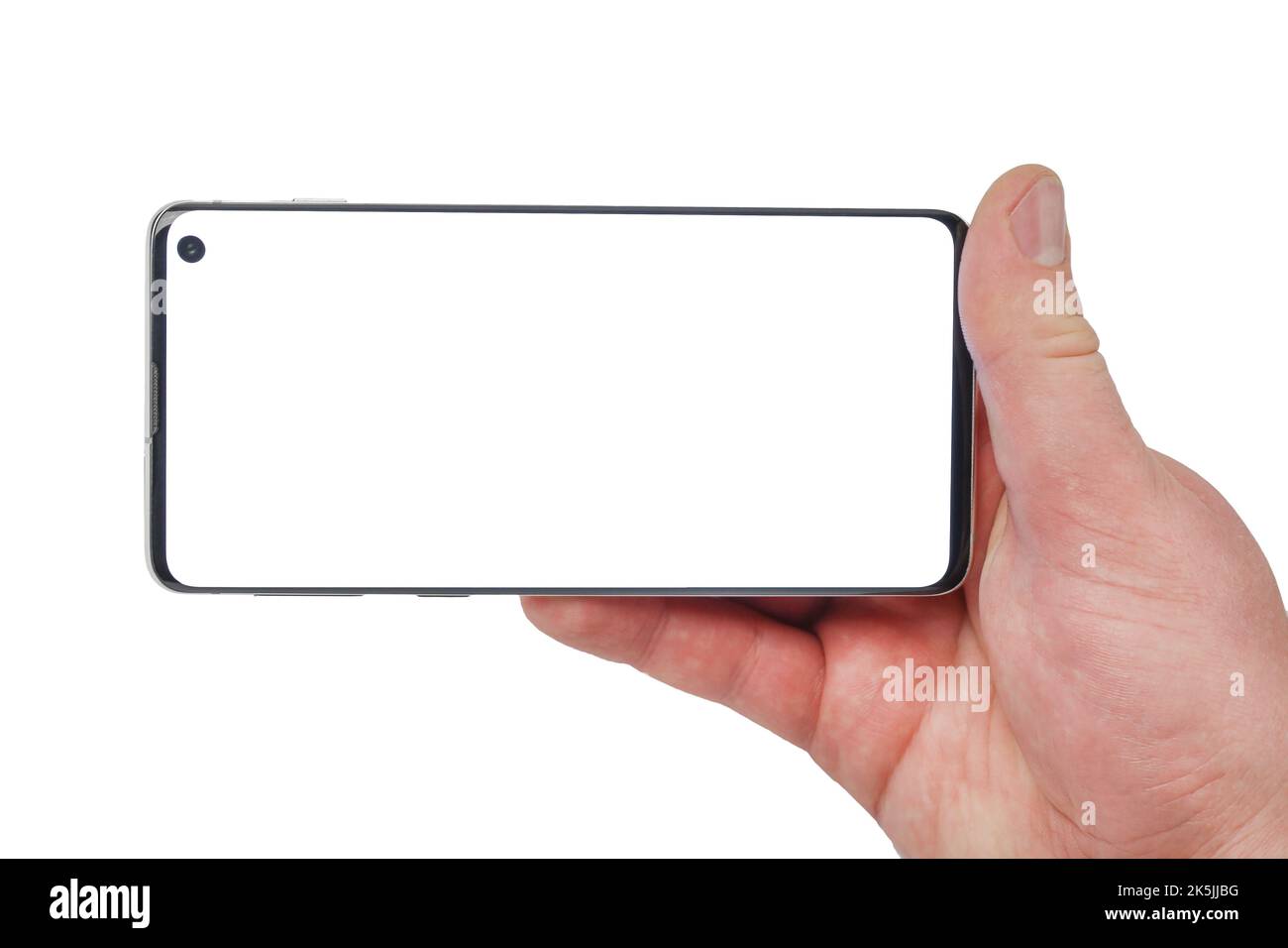 Mani maschili che tengono in mano uno smartphone con un display bianco su uno sfondo bianco isolato Foto Stock