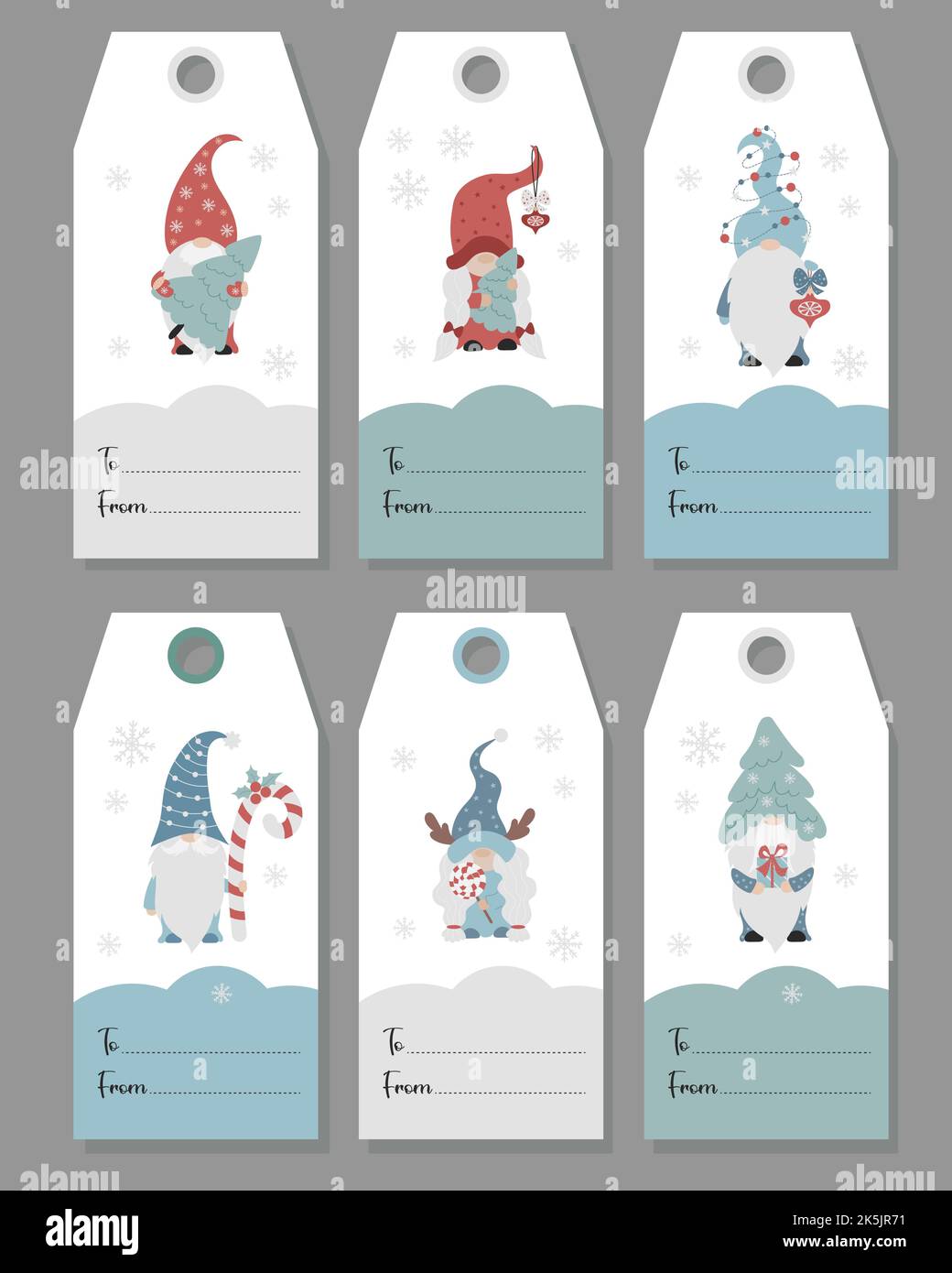 Tag regalo di Natale. Etichette di carte con simpatici personaggi scandinavi gnomi. Cute ragazza gnome con lollipop e maschio gnome albero di Natale. Vettore. Isolat Illustrazione Vettoriale