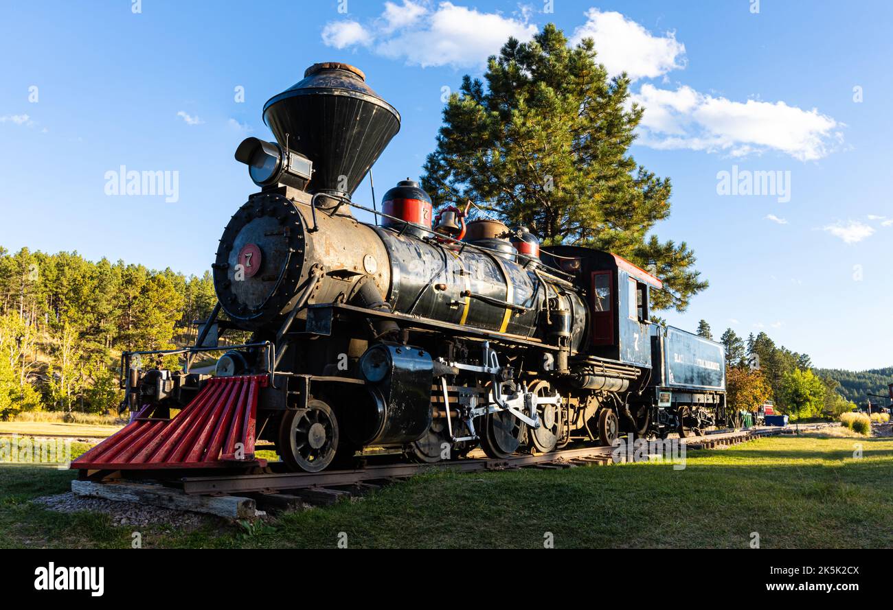 Famoso motore locomotivo numero sette, Hill City, South Dakota, USA Foto Stock