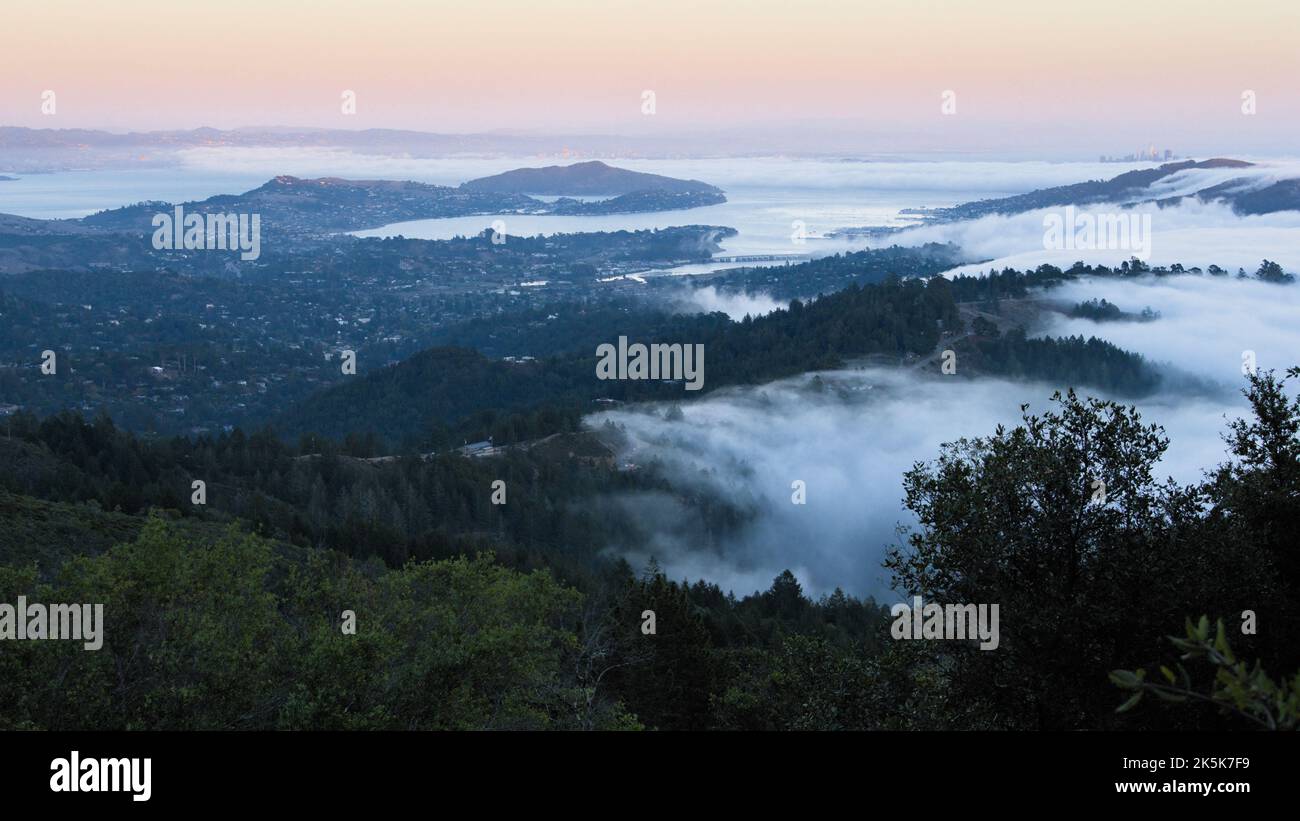 Vista aerea delle cime di montagna coperte di nebbia. Foto Stock