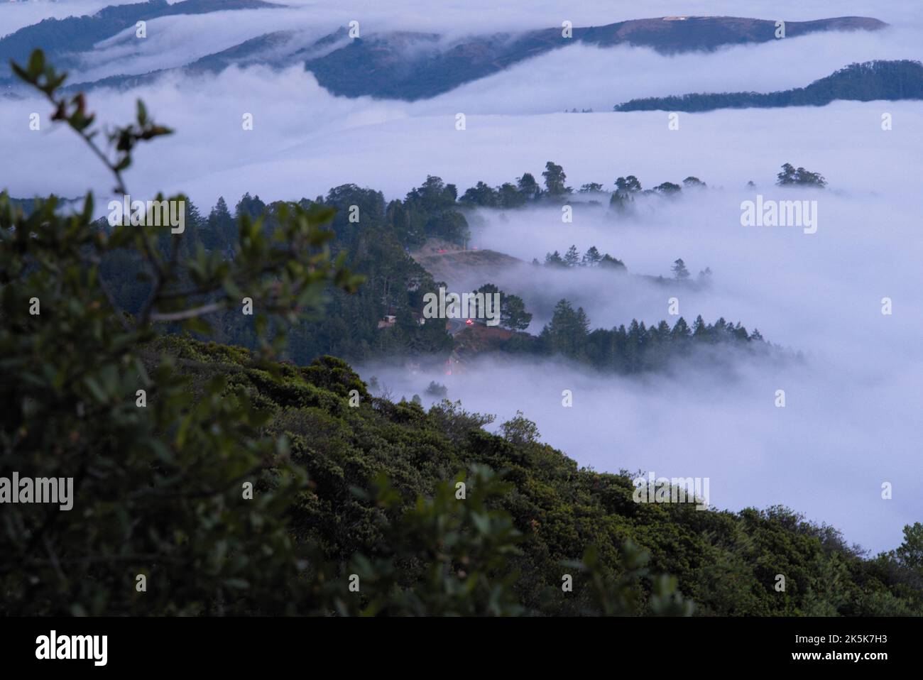 Vista aerea delle cime di montagna coperte di nebbia. Foto Stock