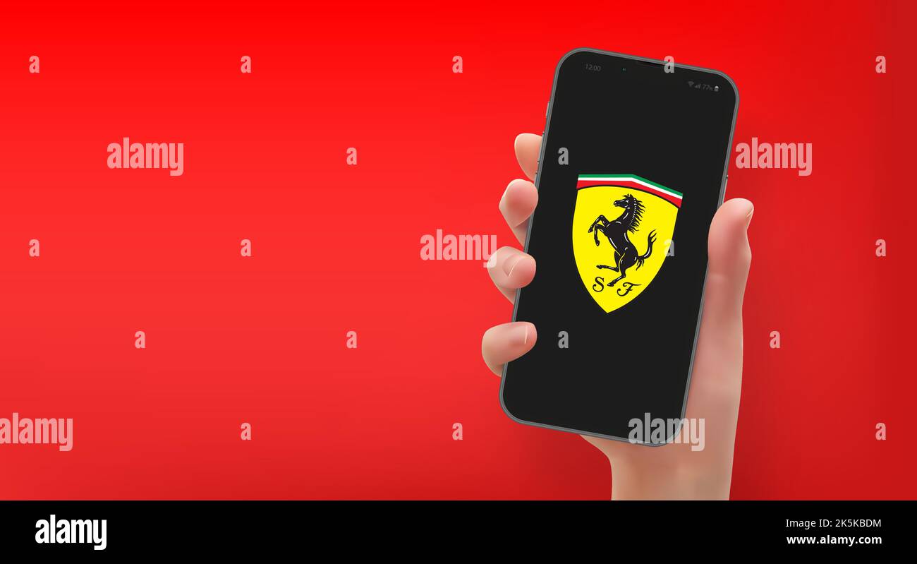 Donna che tiene lo smartphone con il logo Ferrari, in formato vettoriale Illustrazione Vettoriale