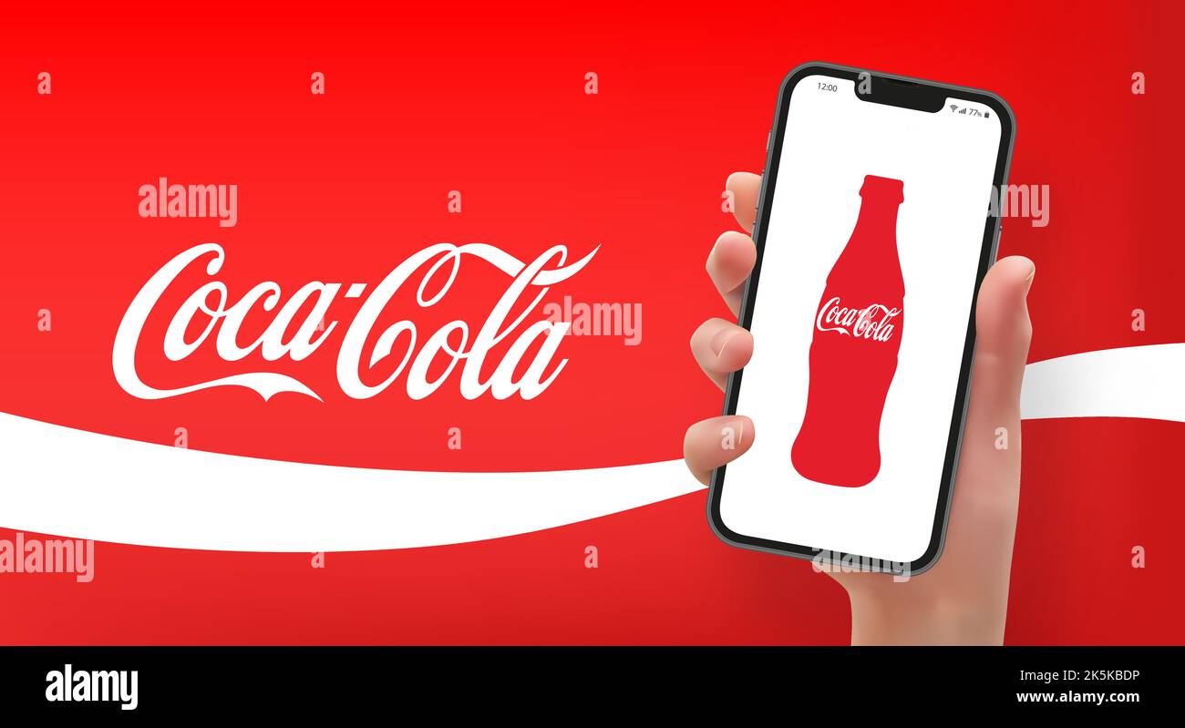 Donna che tiene lo smartphone con il logo Coca Cola, in formato vettoriale Illustrazione Vettoriale