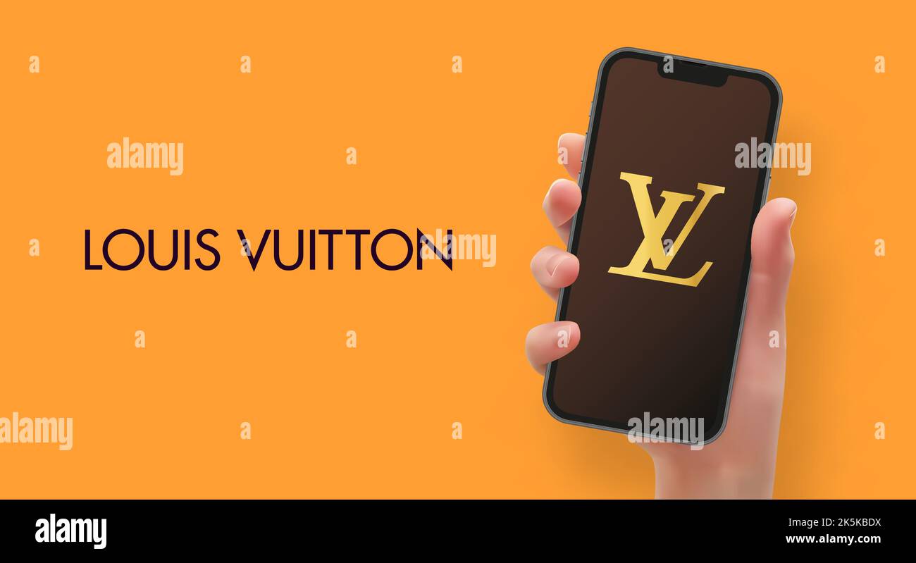 Donna che tiene lo smartphone con il logo Louis Vuitton, in formato vettoriale Illustrazione Vettoriale