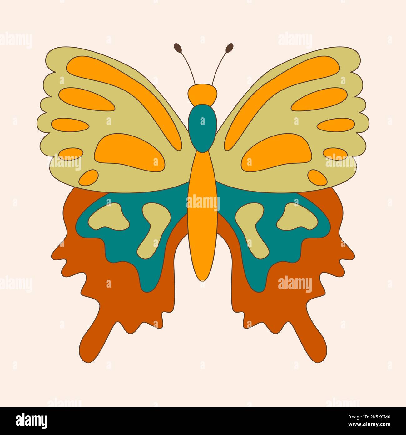 Retrò 60s 70s hippie groovy farfalla per carte, adesivi o poster design. Illustrazione del vettore piatto Illustrazione Vettoriale