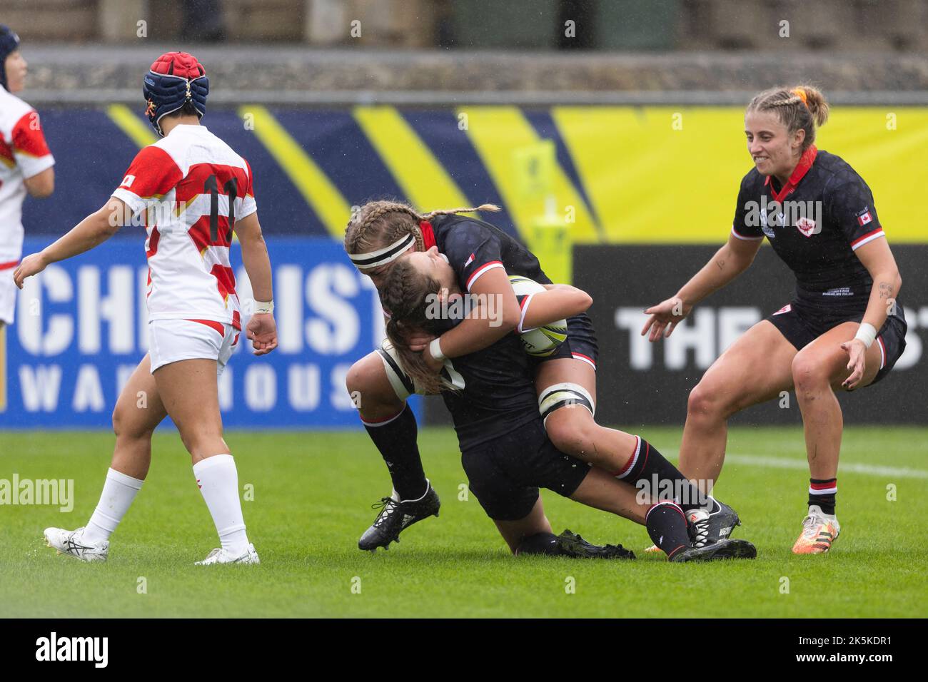 Il canadese Brianna Miller festeggia la sua terza prova durante la partita di Coppa del mondo di rugby femminile al Semenoff Stadium, Whangarei. Data immagine: Domenica 9 ottobre 2022. Foto Stock