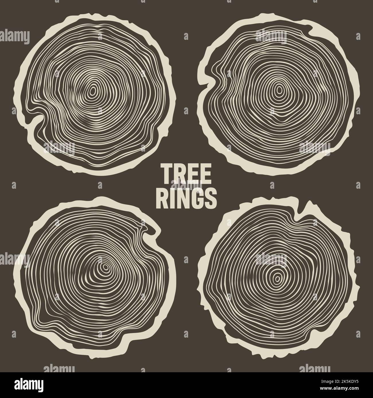 Tagli di tronco di albero tondo, segato pino o fette di quercia, legname. Legname tagliato da poco, legno. Struttura di legno marrone con anelli di albero. Schizzo disegnato a mano. Vettore Illustrazione Vettoriale