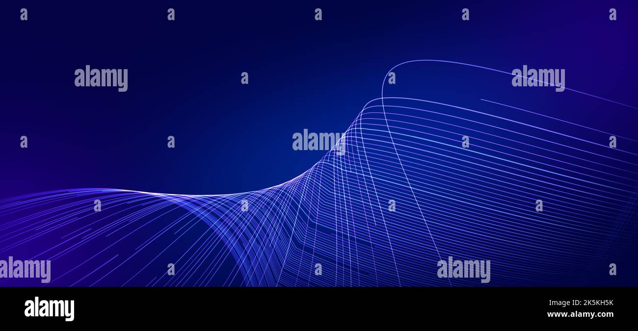 Linee astratte su sfondo tecnologico panoramico. Concetto di connessione o big data. Reti neurali. Foto Stock