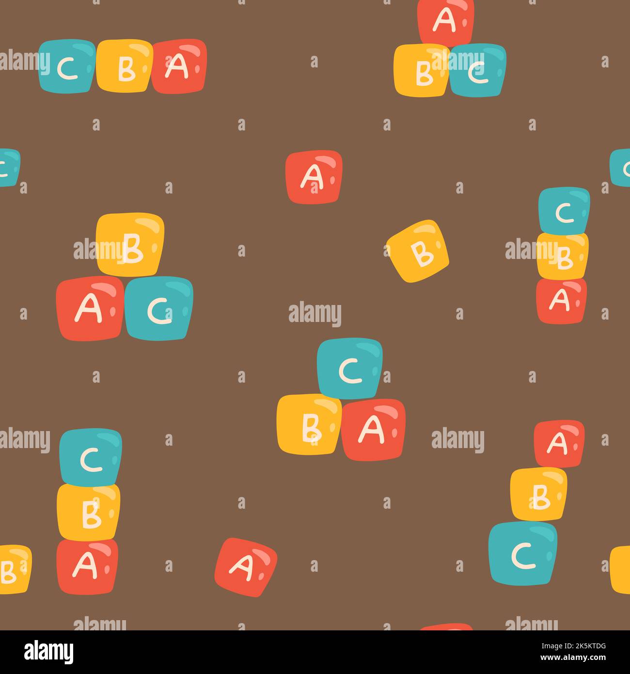 Giocattoli per bambini motivo colorato senza cuciture. Cartoni animati, giocattoli disegnati a mano. Blocchi icona, cubi per bambini logo A B C isolato Educational Games for Kids Concept. Backgr Illustrazione Vettoriale