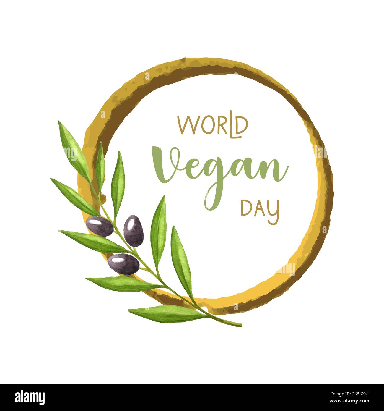World Vegan Day rotonda watercolor cornice con oliva ramo aquarelle, per poster congratulazioni banner. Illustrazione vettoriale Illustrazione Vettoriale