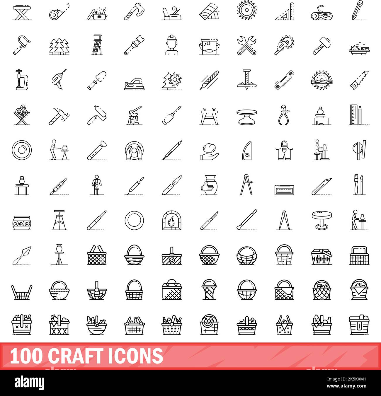 100 icone craft impostate. Illustrazione di 100 icone del mestiere insieme vettoriale isolato su sfondo bianco Illustrazione Vettoriale