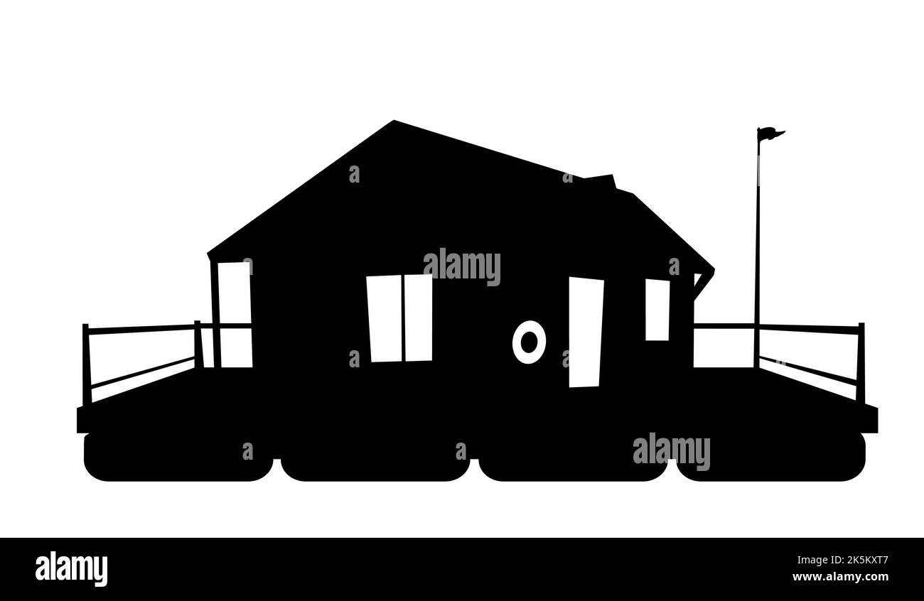 Casa galleggiante. Design di silhouette. Abitazione con piccolo cortile sull'acqua. Isolato su sfondo bianco. Vettore di illustrazione. Illustrazione Vettoriale