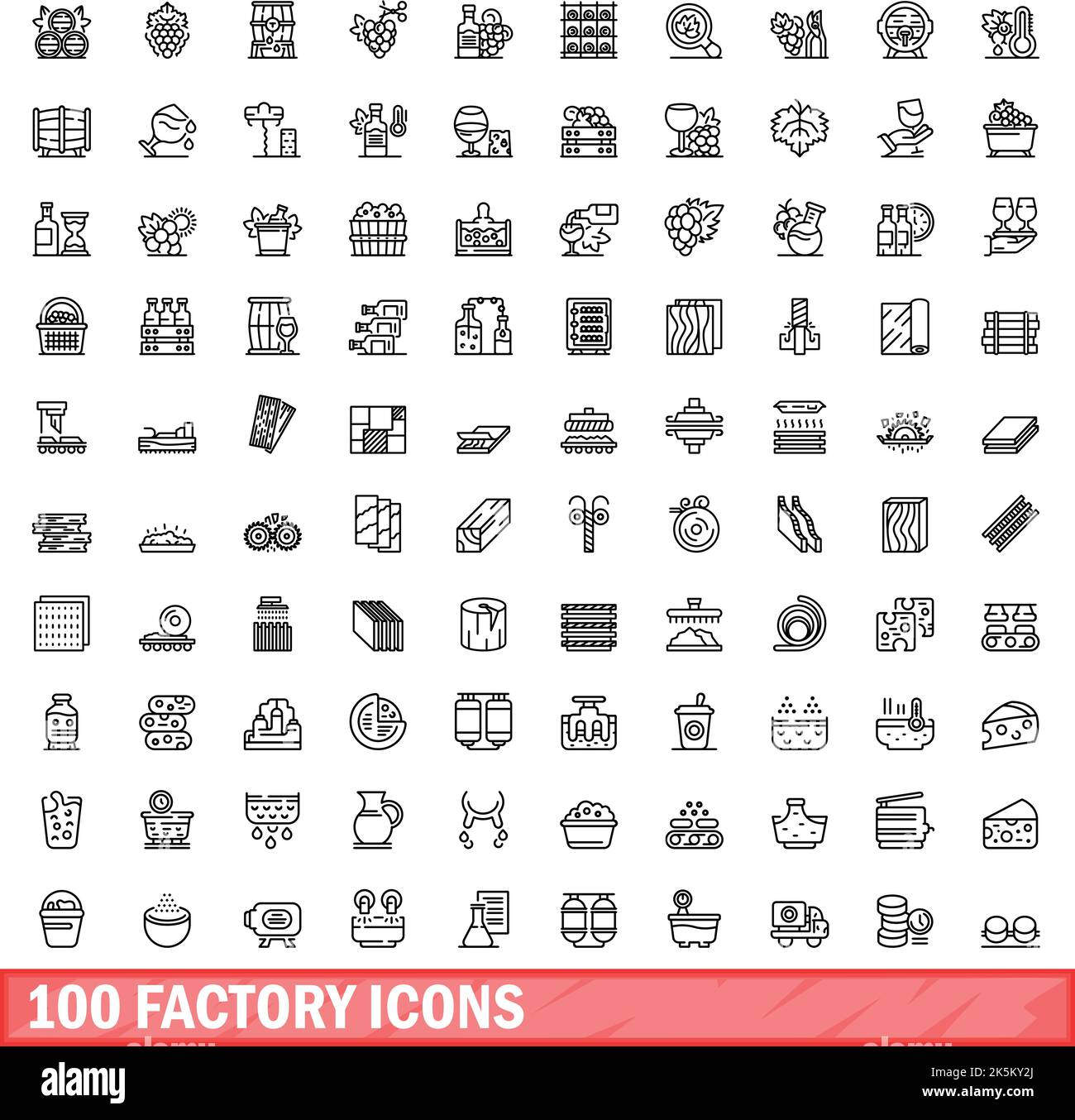 100 icone di fabbrica impostate. Illustrazione a contorno di 100 icone di fabbrica vettore set isolato su sfondo bianco Illustrazione Vettoriale