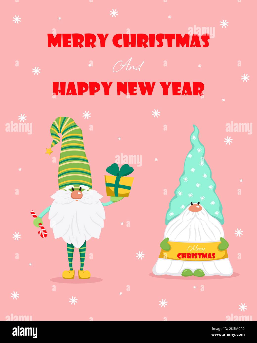 Due gnomes carino con i regali nelle loro mani biglietto di auguri per Natale. Illustrazione vettoriale in stile piatto. Illustrazione Vettoriale
