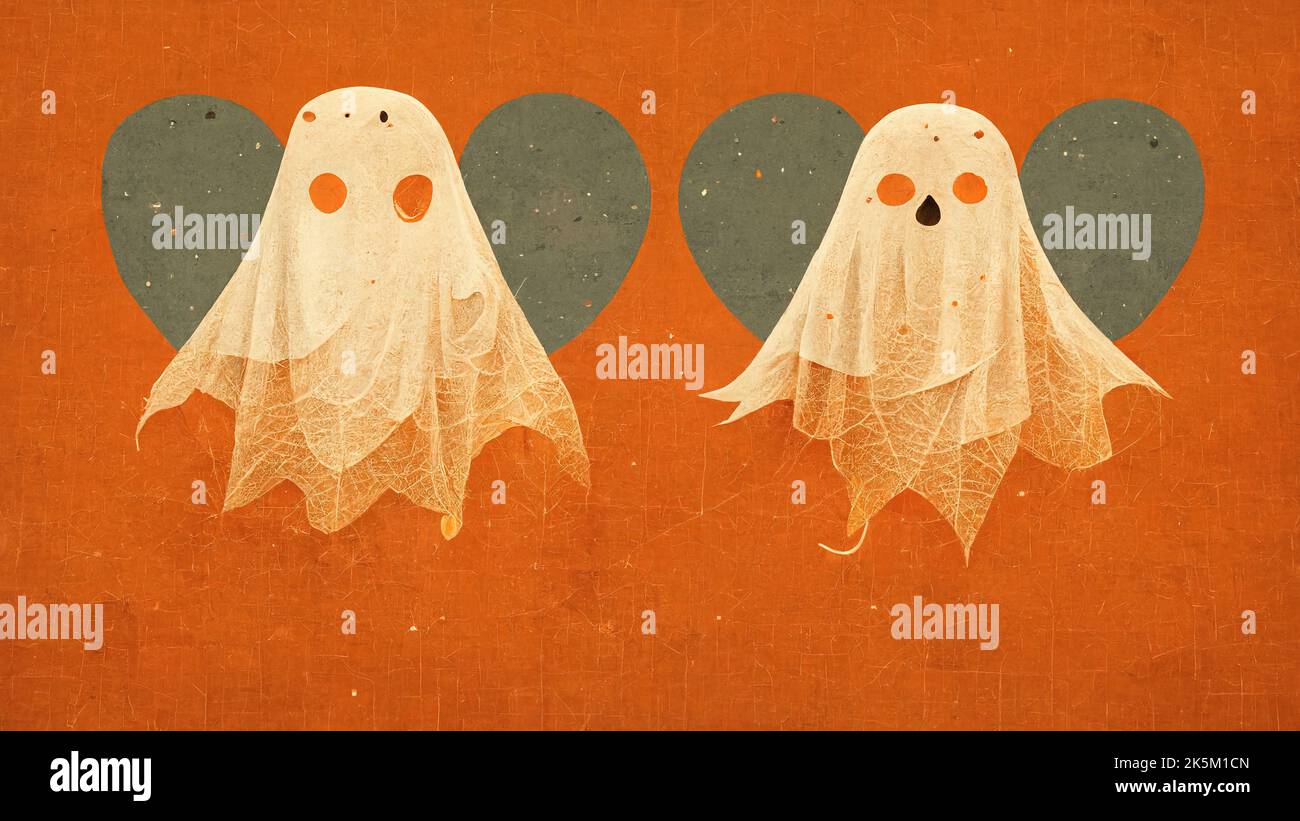 Due fantasmi carini con sfondo arancione. Personaggio dei cartoni animati. Illustrazione vettoriale colorata. Isolato su sfondo colorato. Manuale di illustrazione del modello Foto Stock