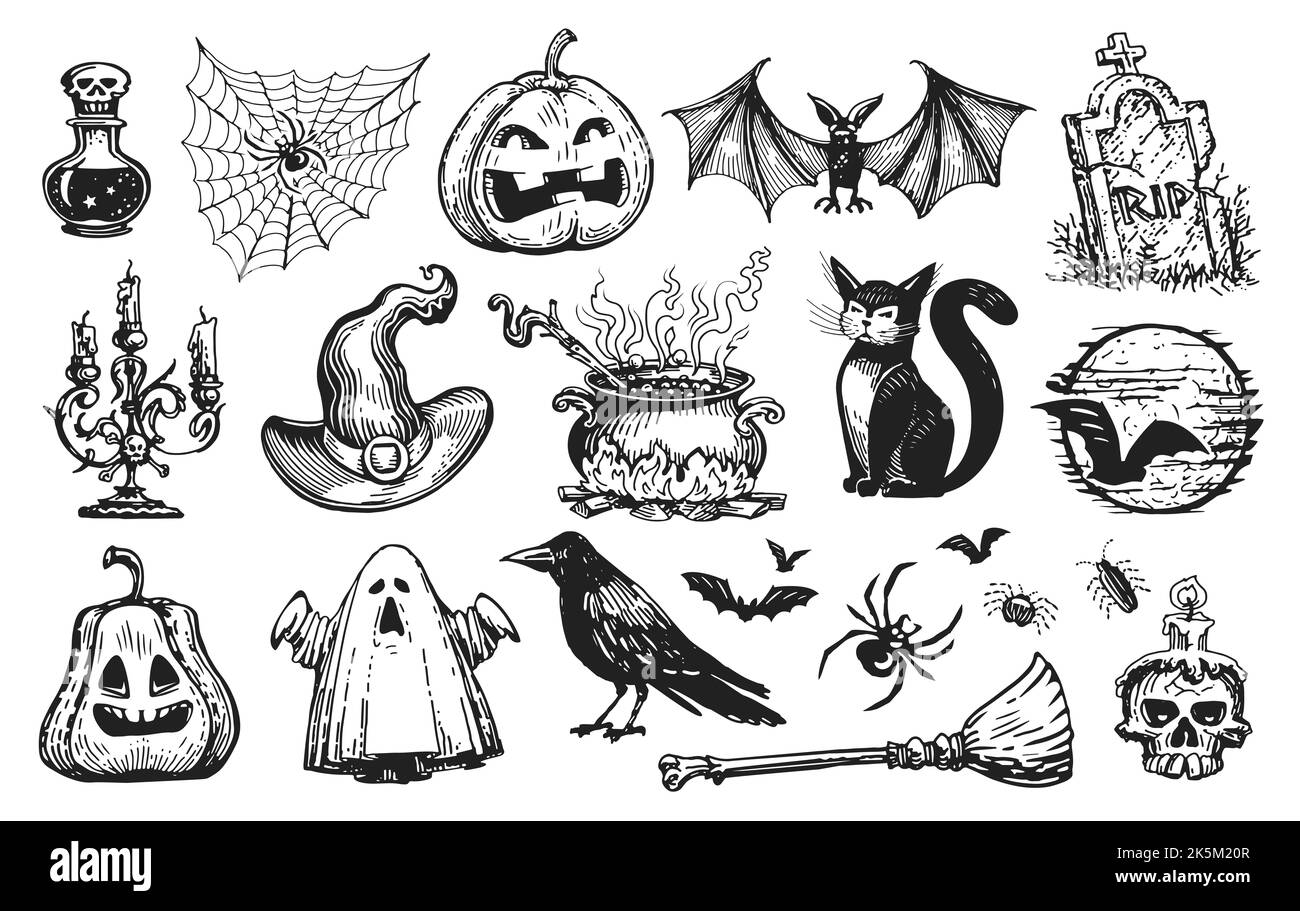 Concetto di Halloween. Collezione di elementi per le vacanze. Disegno dell'illustrazione vintage Foto Stock