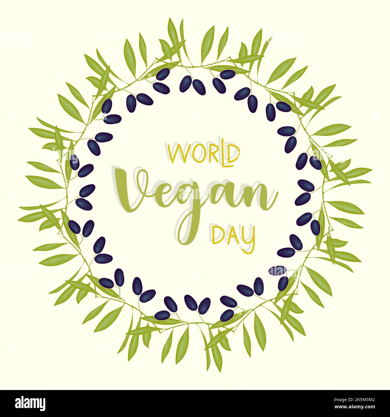Cornice rotonda della corona del World Vegan Day con ramo d'oliva , per poster congratulazioni banner. Illustrazione vettoriale Illustrazione Vettoriale