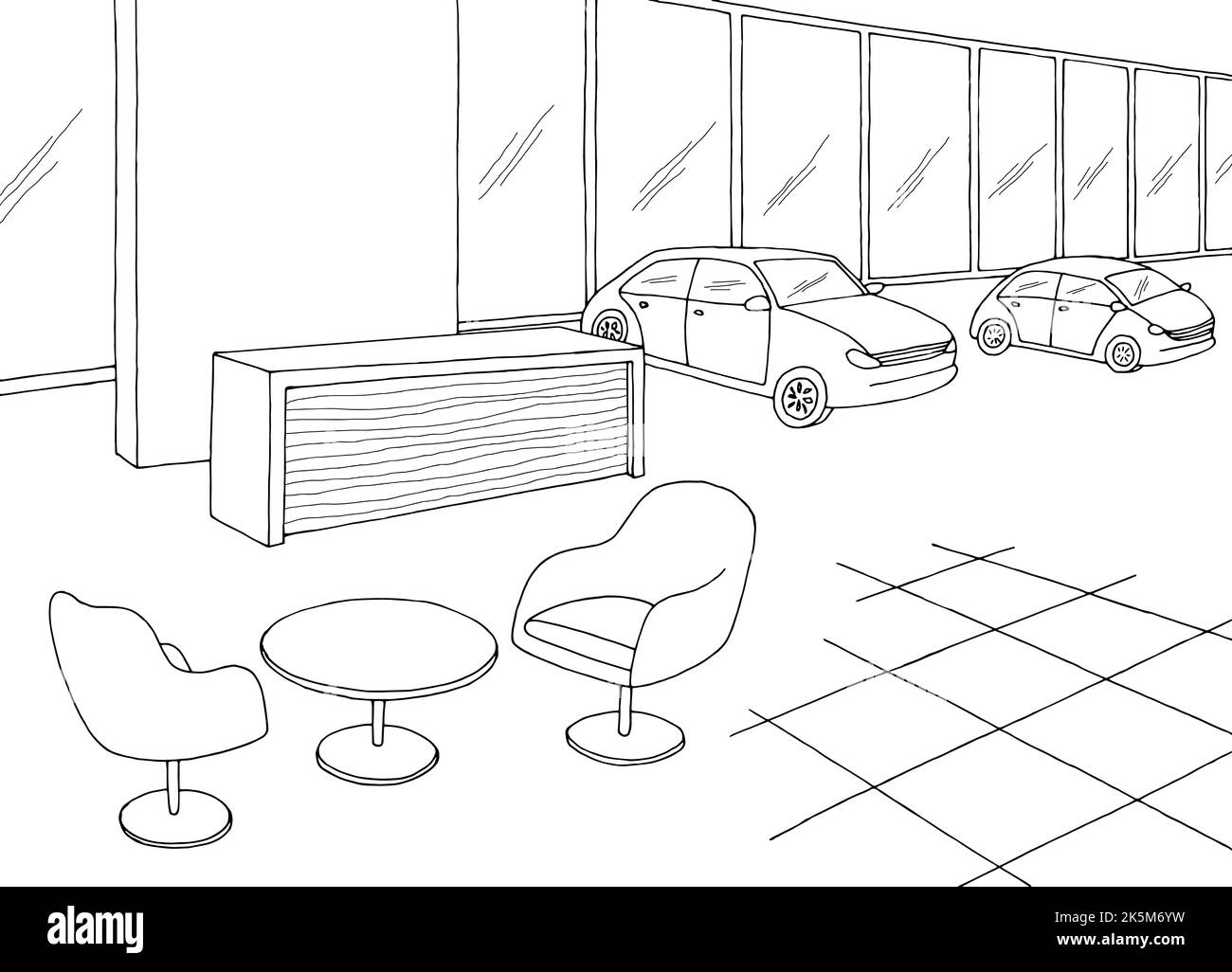 Grafica per showroom auto in bianco nero grafico per lo schizzo interno del negozio vettore Illustrazione Vettoriale