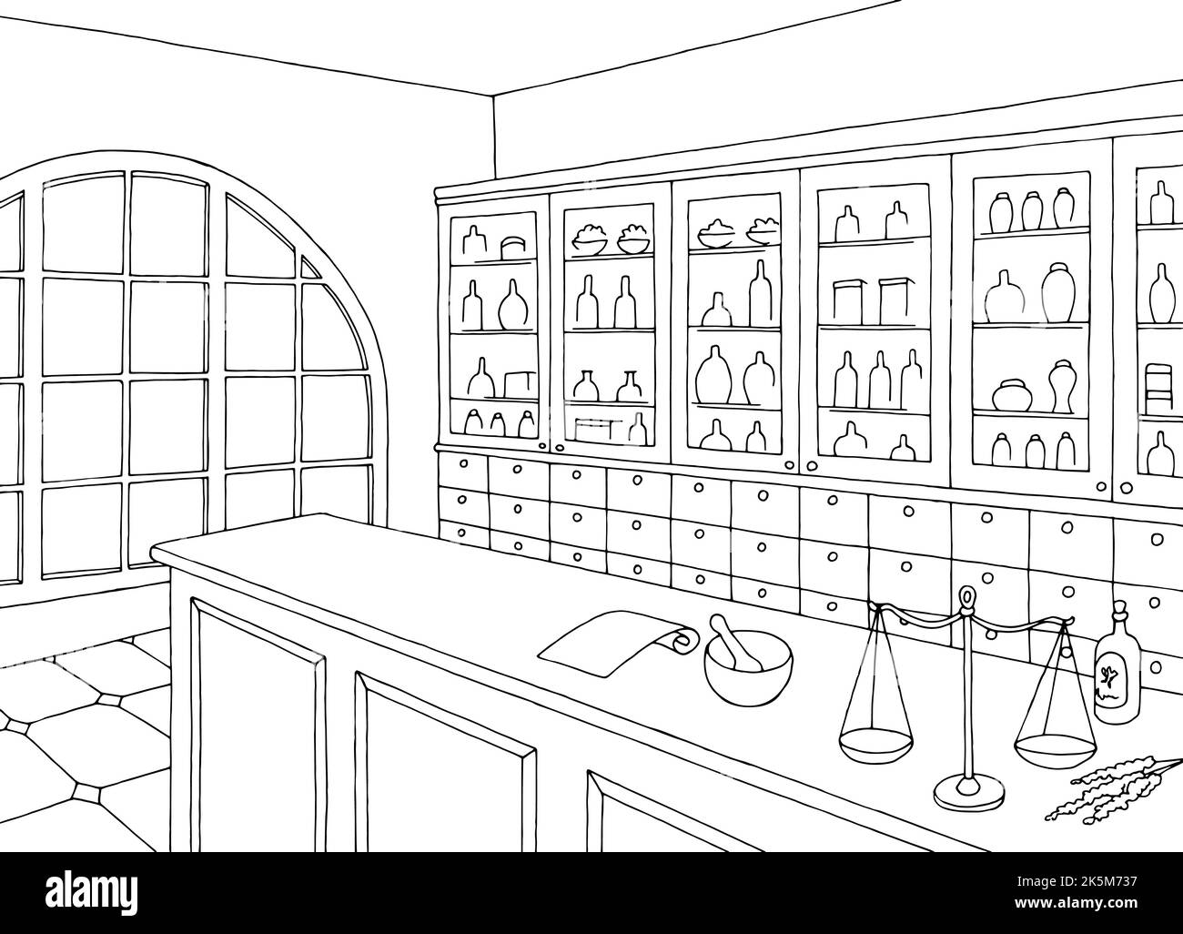 Vecchia farmacia interna negozio grafico nero bianco schizzo illustrazione vettore Illustrazione Vettoriale