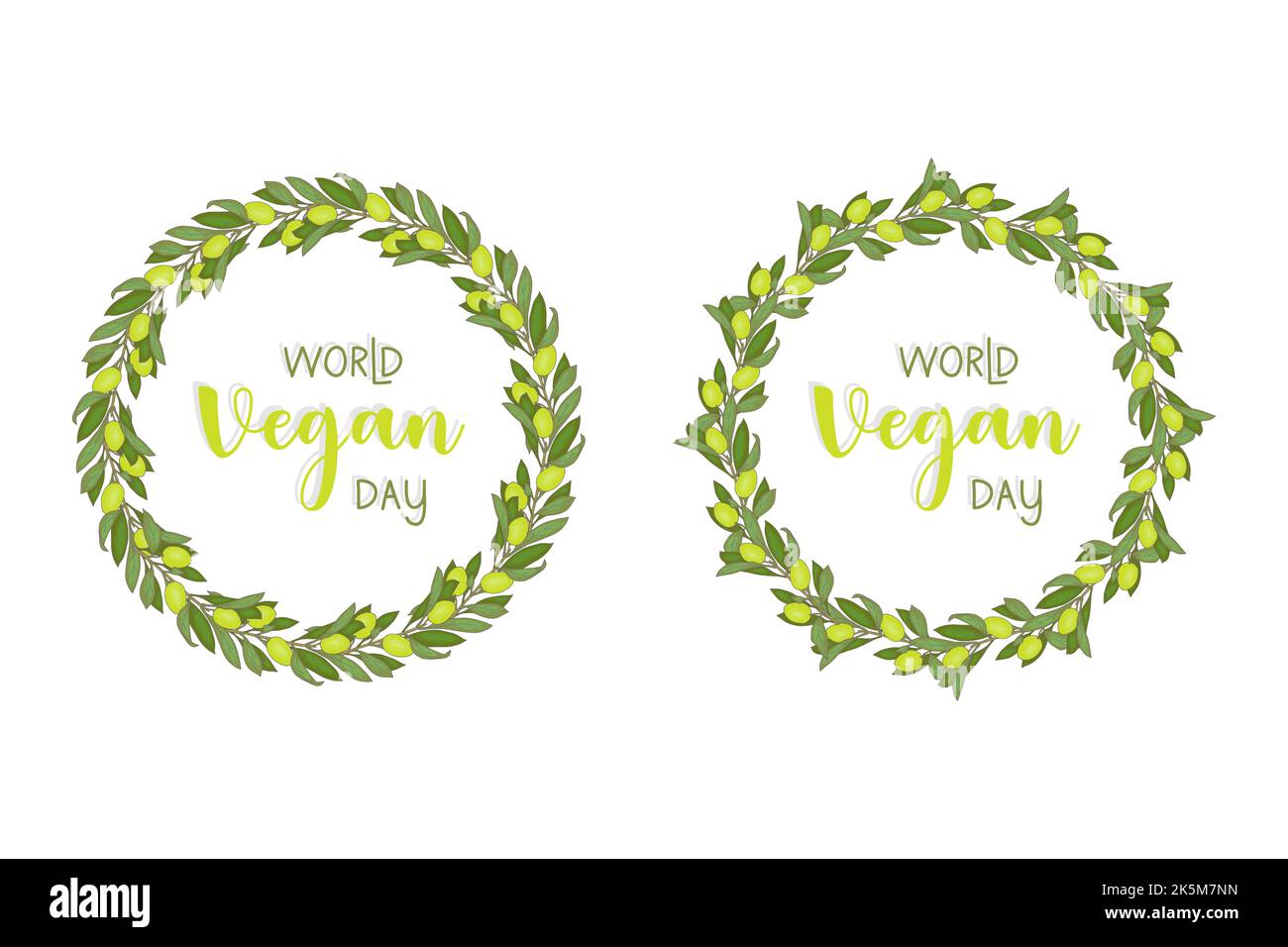 Cornice rotonda della corona del World Vegan Day con ramo verde di ulivo , per poster congratulazioni banner. Illustrazione vettoriale Illustrazione Vettoriale