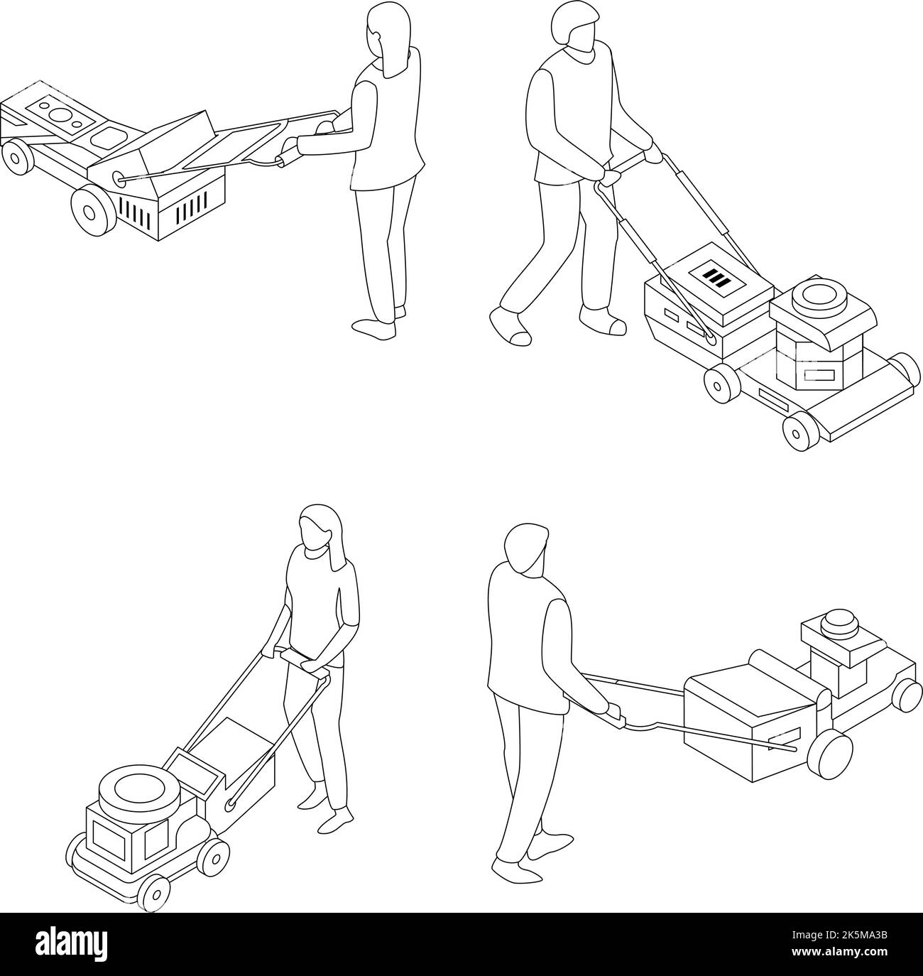 Set di icone del rasaerba. Il set isometrico di icone vettoriali del rasaerba delineano un sottile lne isolato su bianco Illustrazione Vettoriale