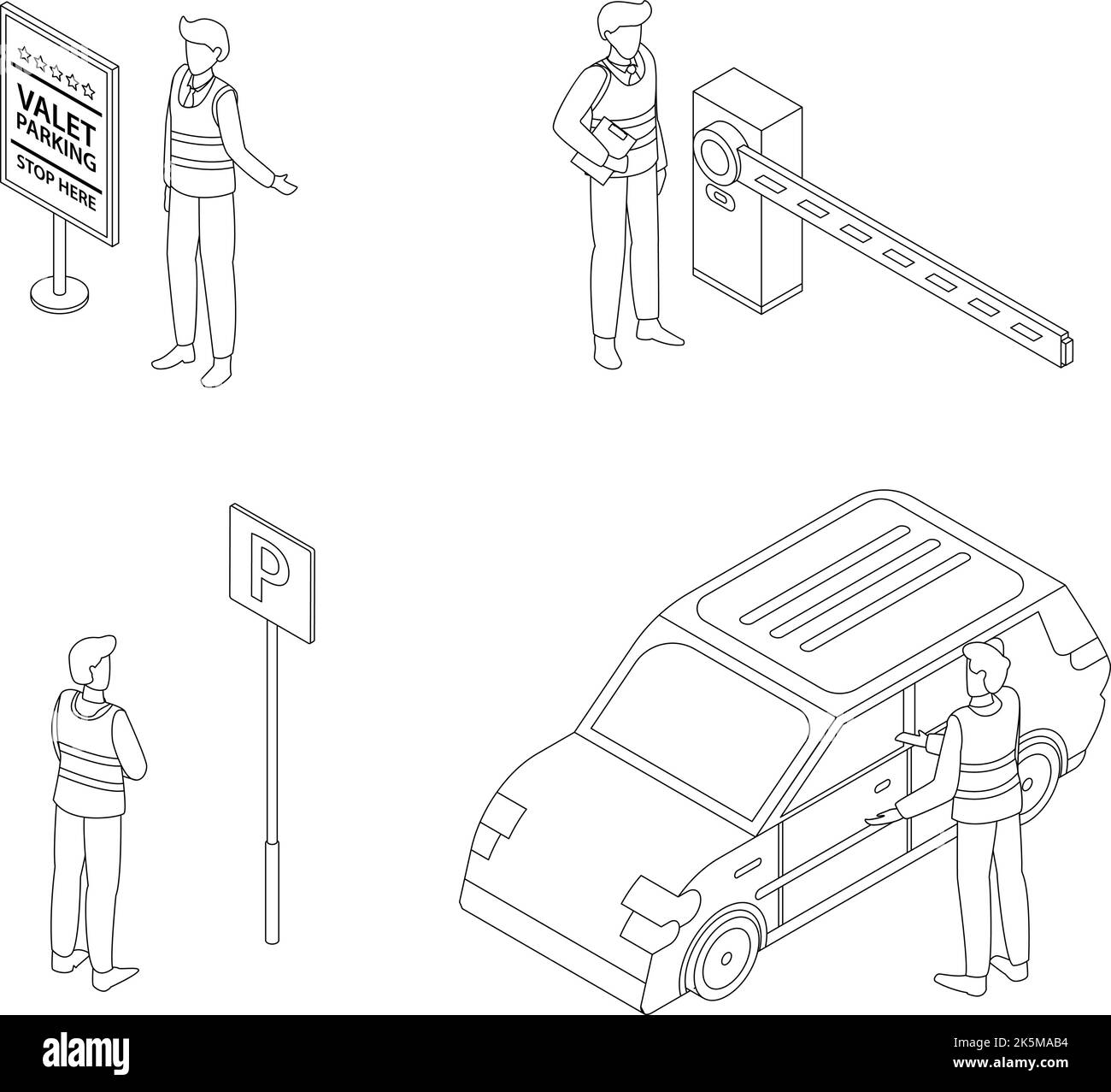 Icona Valet impostata. Insieme isometrico di icone vettoriali di valet delineano lne sottile isolato su bianco Illustrazione Vettoriale