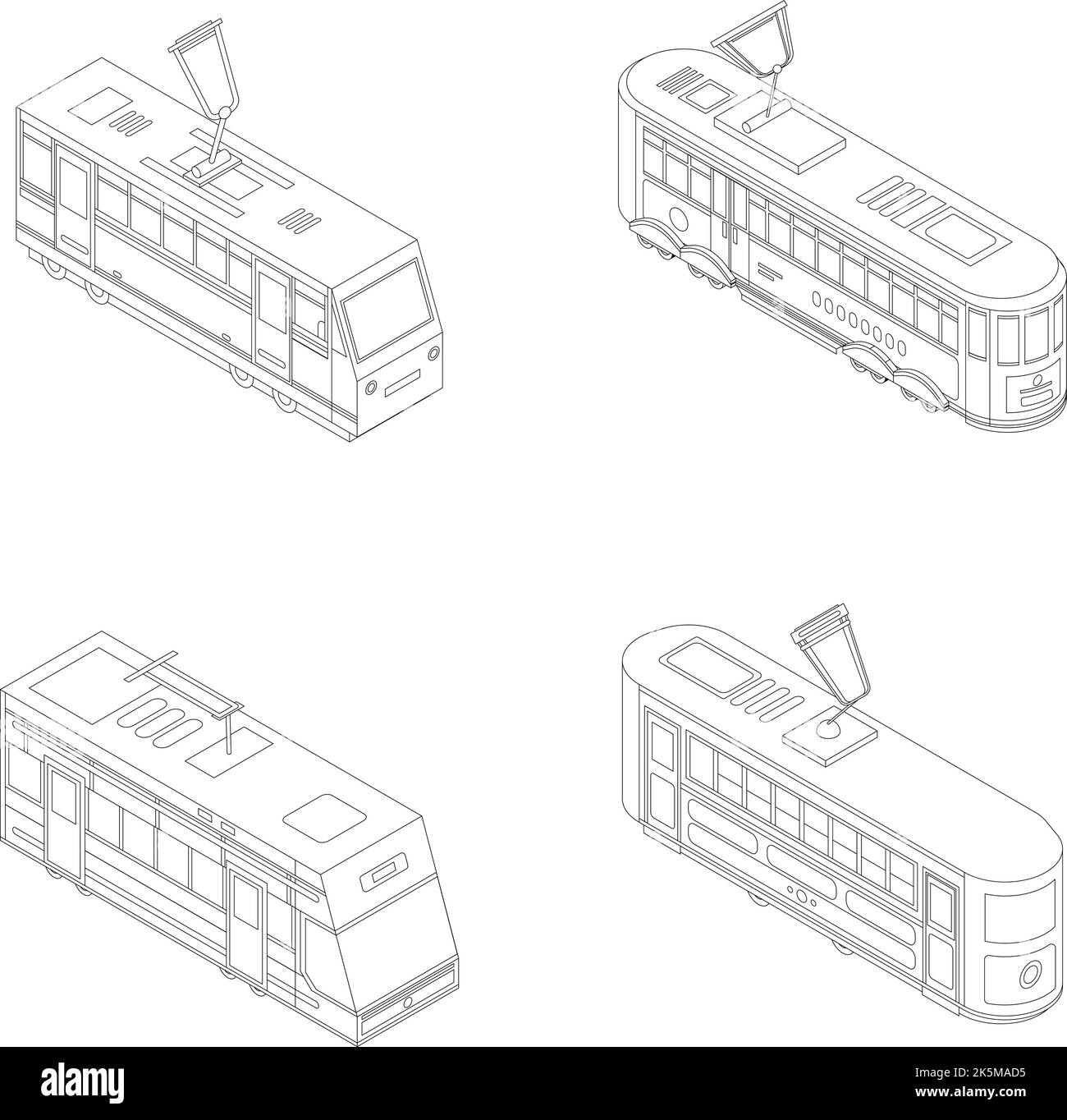 Set icone tram. Il set isometrico delle icone vettoriali delle auto del tram delineano un sottile lne isolato su bianco Illustrazione Vettoriale