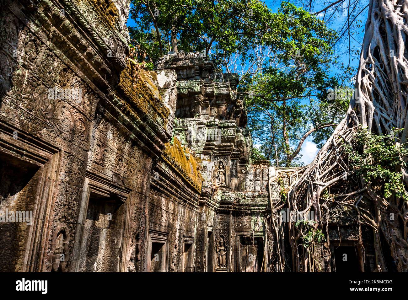 All'interno del Tempio di Angkor Ta Prohm con una torre e circondato da edifici all'interno di un cortile. Foto Stock