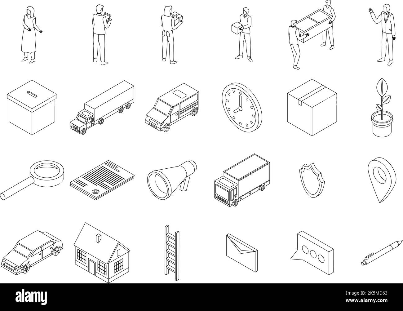 Set di icone di riposizionamento. Insieme isometrico di icone vettoriali di rilocazione delineano lne sottile isolato su bianco Illustrazione Vettoriale
