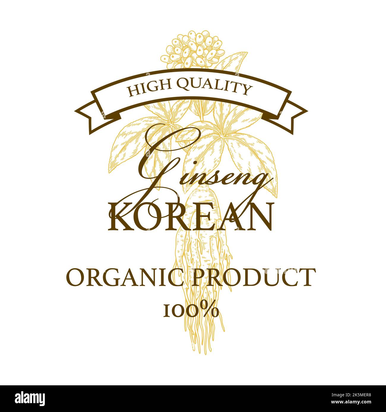 Logo ginseng vintage disegnato a mano. Illustrazione del vettore botanico nello stile di schizzo. Stampa confezionamento piante medicinali Illustrazione Vettoriale