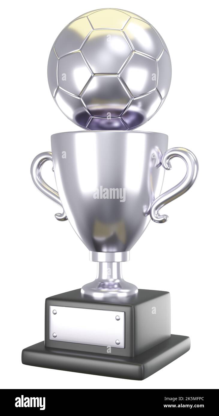 Calcio d'argento o coppa trofeo di calcio . Isolato . Tracciati di ritaglio incorporati . 3D rendering . Foto Stock