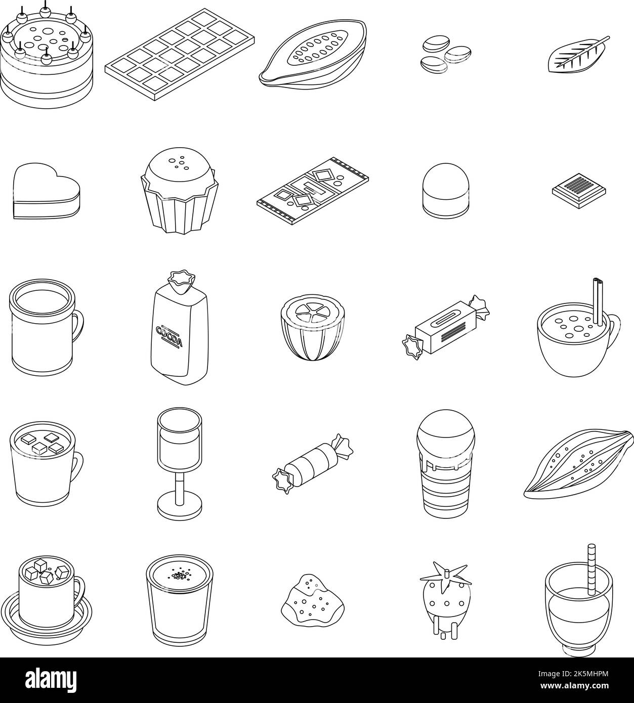 Set di icone cacao. Insieme isometrico di icone vettoriali di cacao delineano lne sottile isolato su bianco Illustrazione Vettoriale