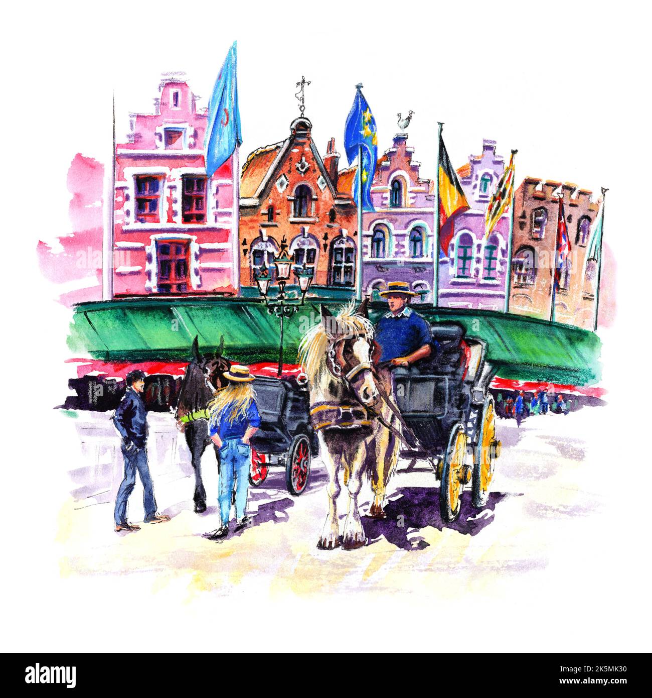 Acquerello di carrozza a Cavallo in piazza Markt a Brugge, Belgio. Foto Stock