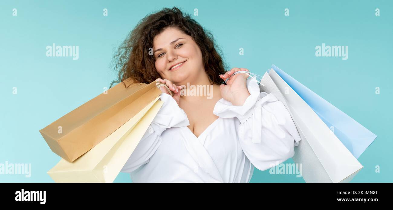 shopping banner donna curvy felice nero venerdì Foto Stock