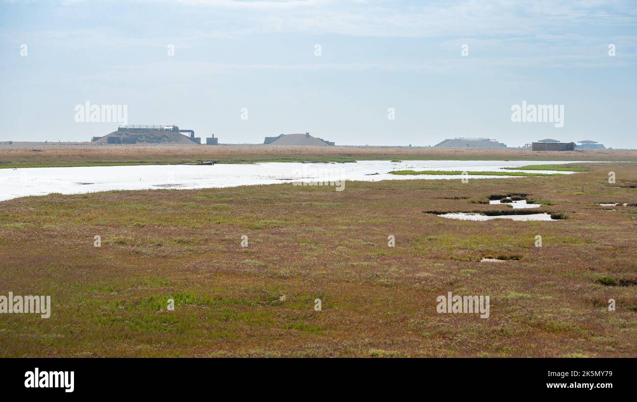 Laboratori di test delle munizioni atomiche in lontananza attraverso un paesaggio paludoso pianeggiante, Orford Ness, Suffolk, Inghilterra Foto Stock