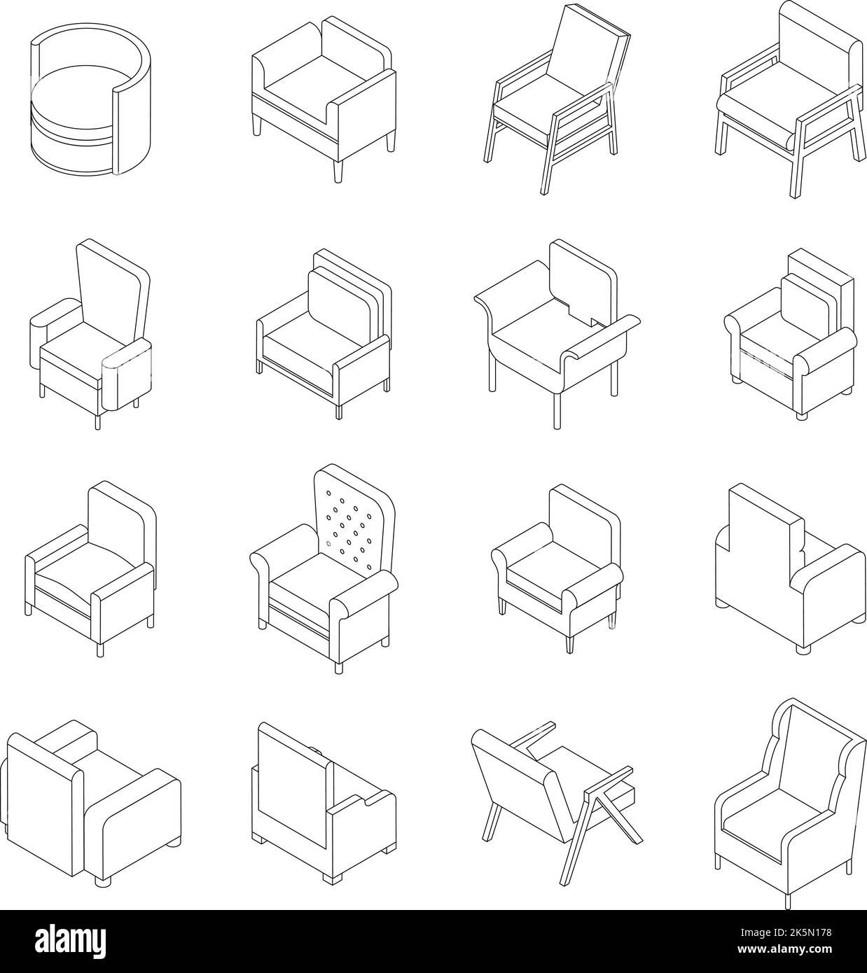Icone della poltrona impostate. Set isometrico di icone vettoriali per poltroncine che delineano sottili lne isolate sul bianco Illustrazione Vettoriale
