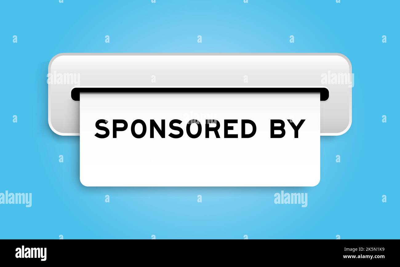 Banner coupon bianco con parola sponsorizzata da da macchina su sfondo di colore blu Illustrazione Vettoriale
