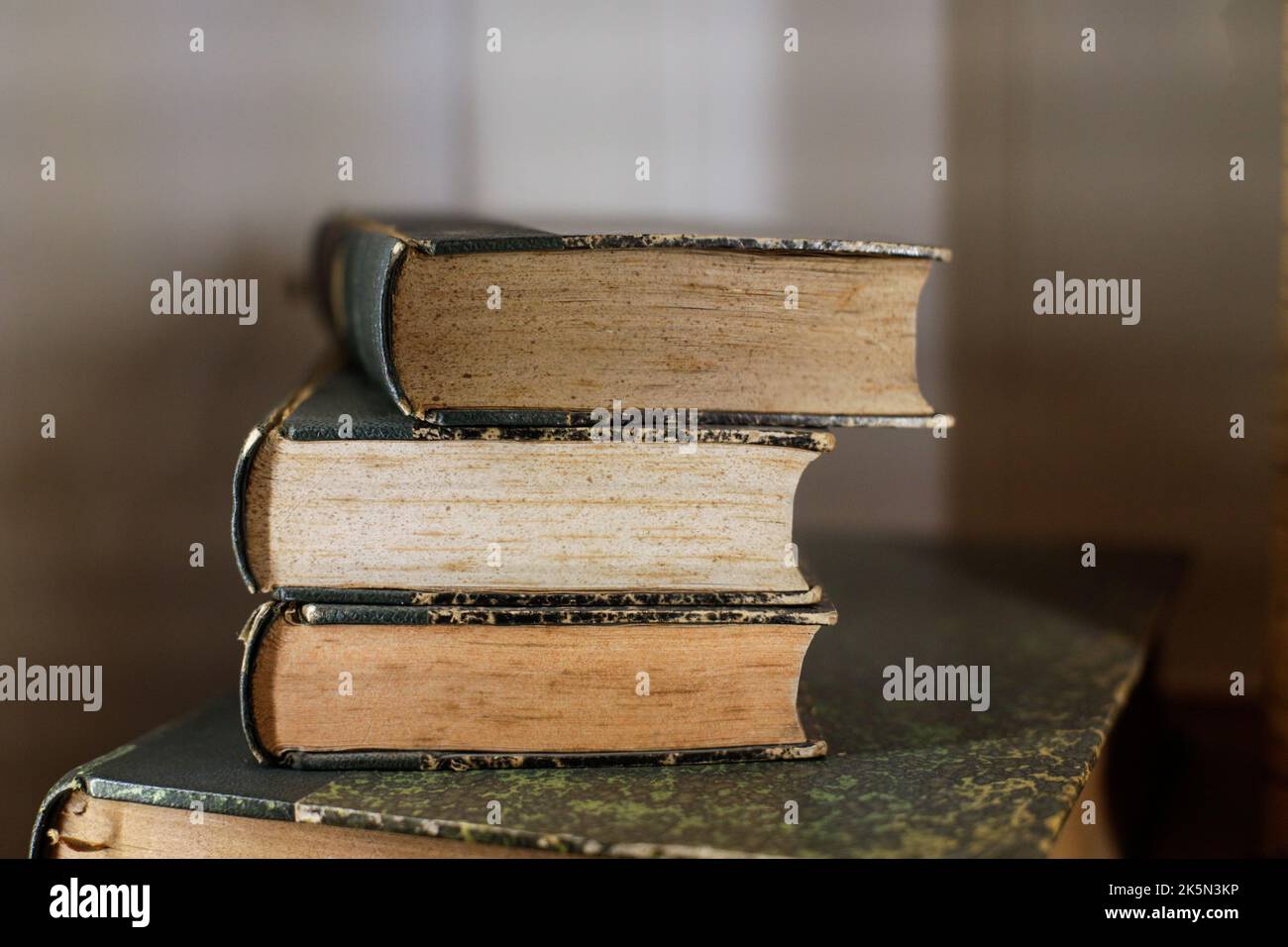 Profondità di campo poco profonda (fuoco selettivo) dettagli con libri di scienza vecchi e usati all'interno di un museo. Foto Stock