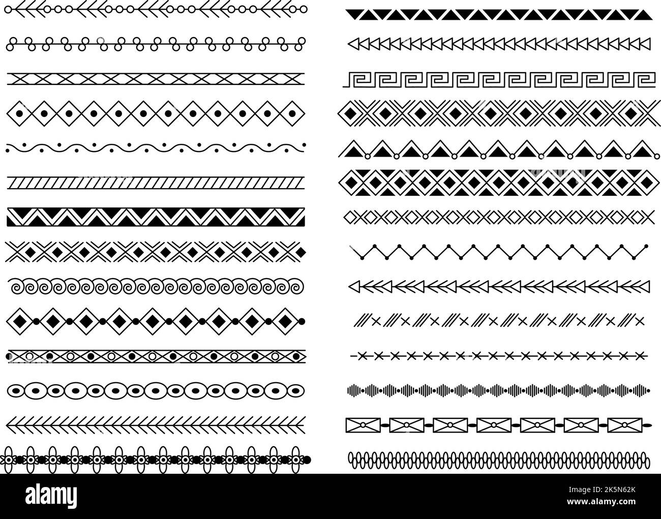 Bordi di linee geometriche singole. Bordatura tribale e divisorio, decorazioni a cornice fatte a mano. Motivo a squigl decorativo, vettore etnico decente orizzontale Illustrazione Vettoriale