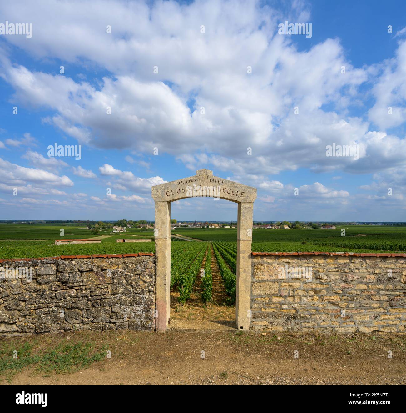 Pietra porta di un vigneto sulla Cote de Beaune, Borgogna, Francia. Foto Stock