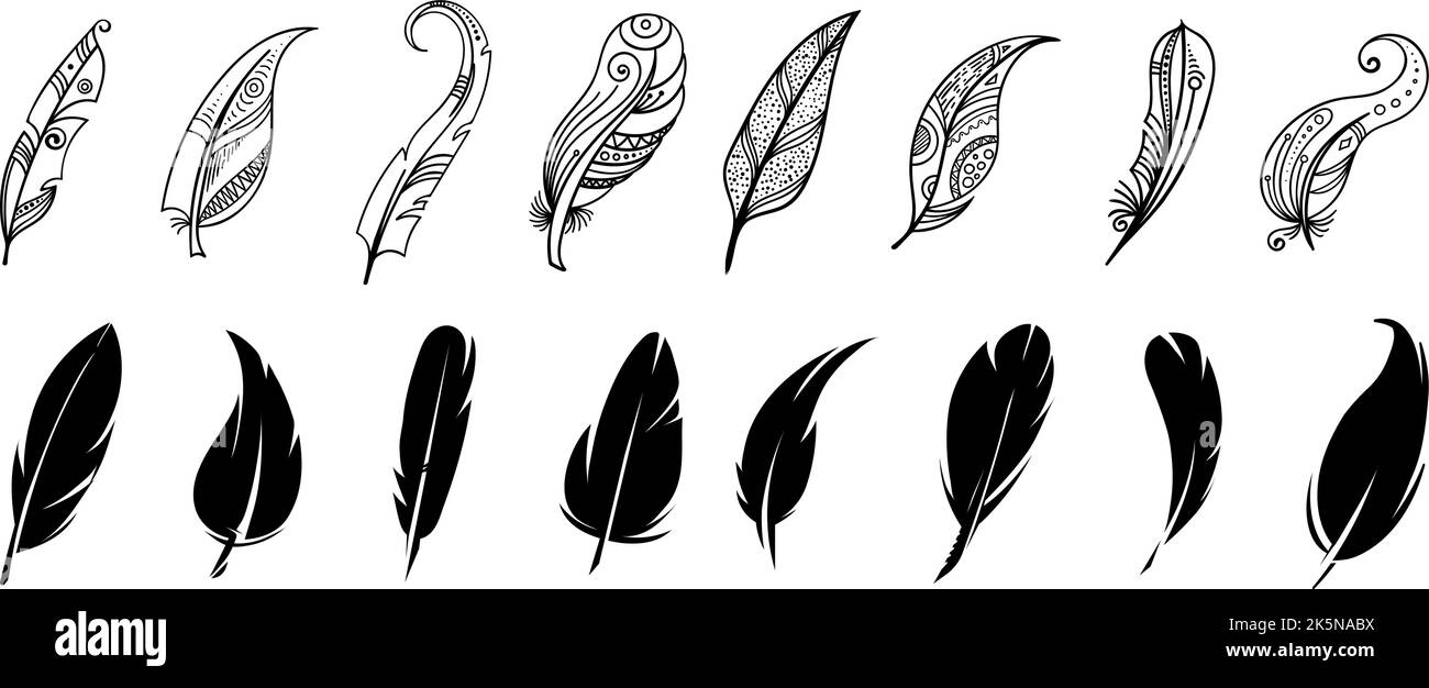 Penne etniche e nere. Semplici simboli morbidi grafici di piume tribali indiane, disegni di schizzo sfumati Illustrazione Vettoriale
