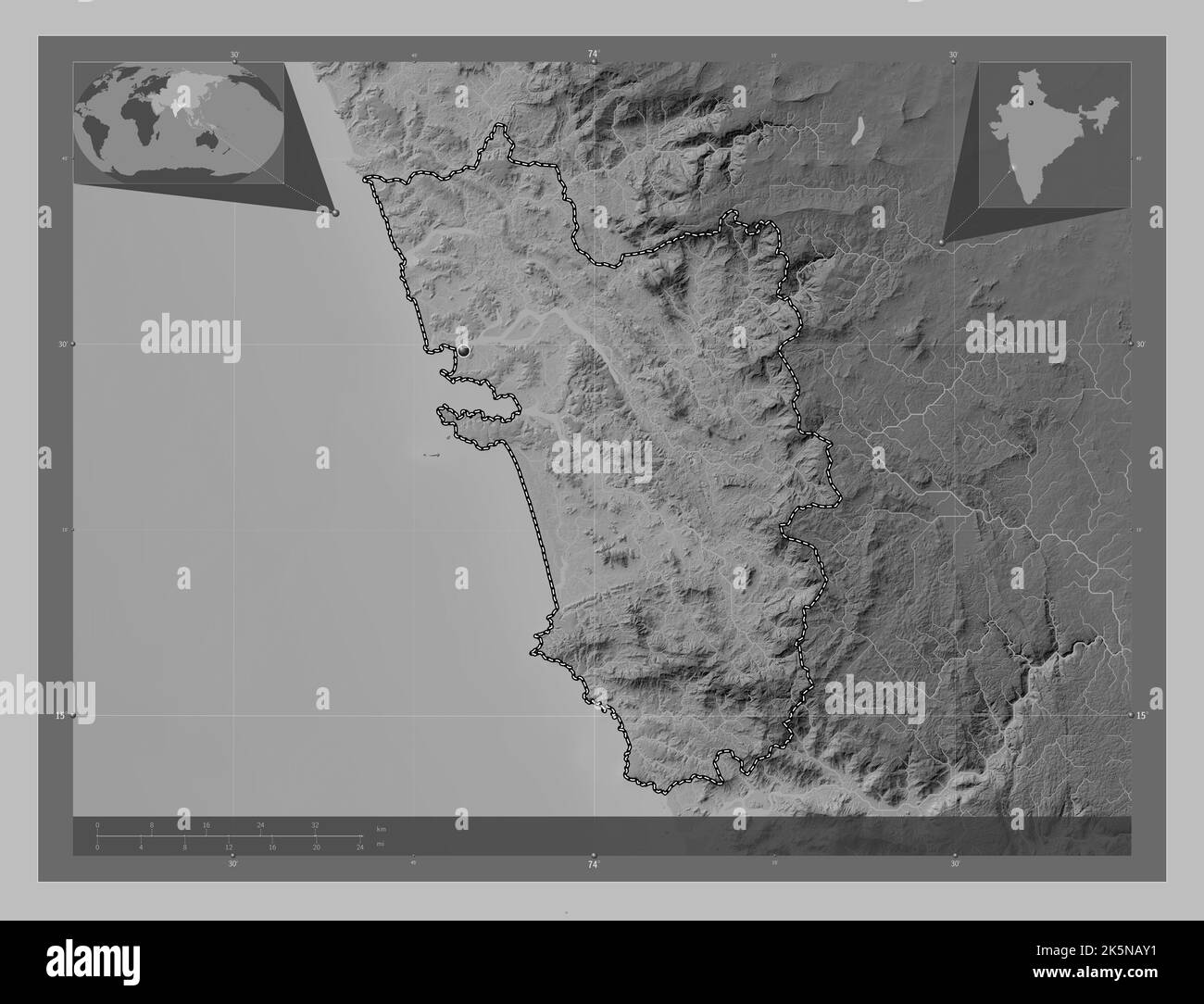 Goa, stato dell'India. Mappa in scala di grigi con laghi e fiumi. Mappe delle posizioni ausiliarie degli angoli Foto Stock