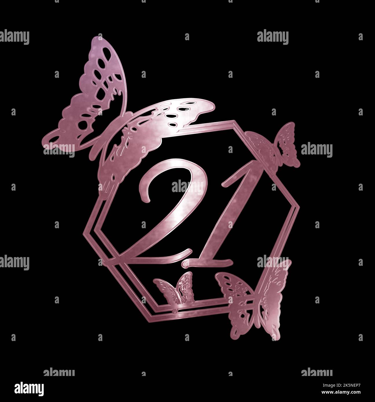 3d illustrazione numero 30 oro rosa con farfalle sfondo nero compleanno Foto Stock
