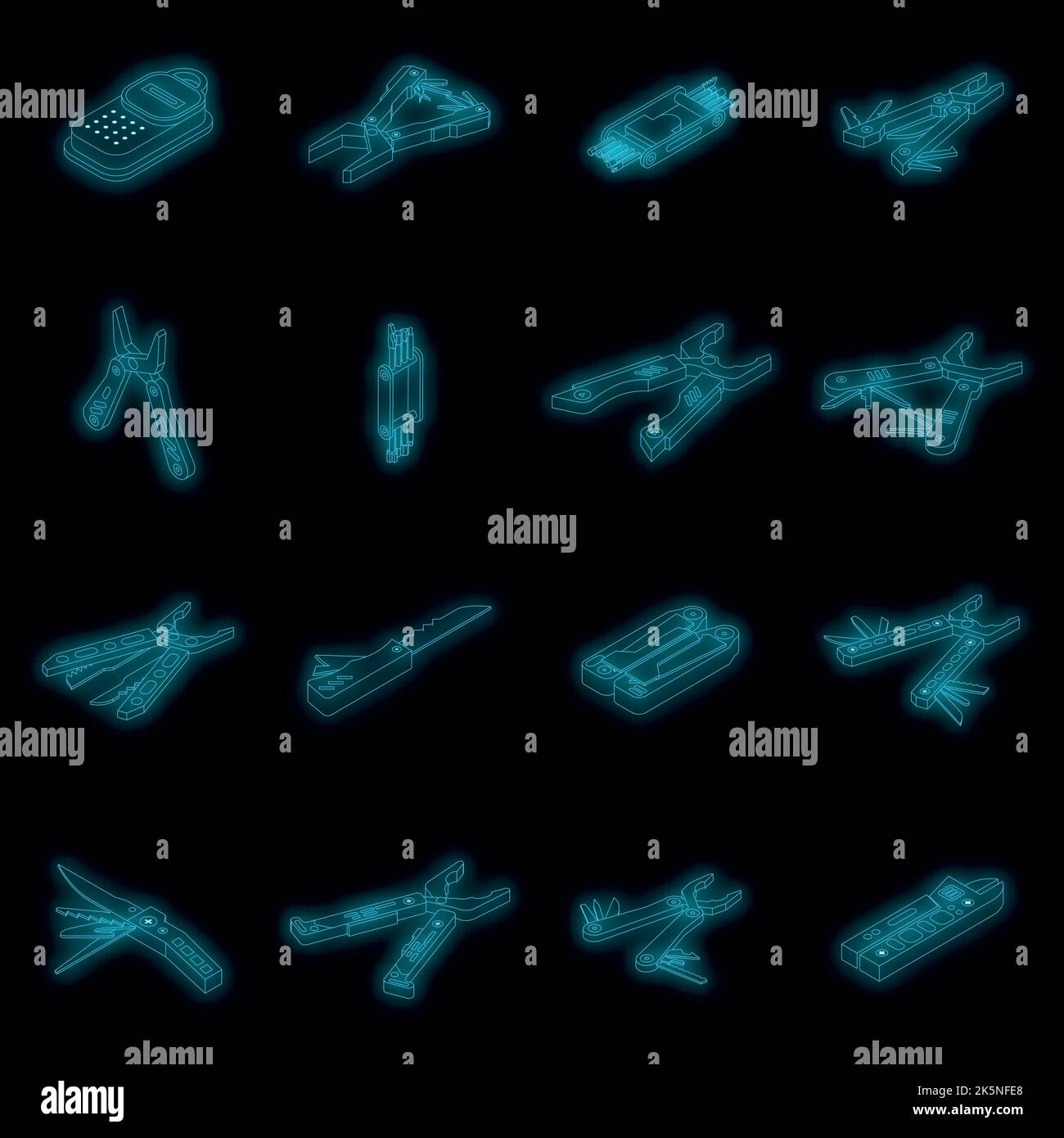 Set di icone MultiTool. Set isometrico di icone vettoriali multitool di colore neon nero Illustrazione Vettoriale