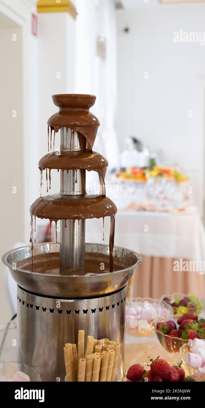 Fontana di cioccolato alla festa. Festa di festa con una fontana di cioccolato. Foto Stock