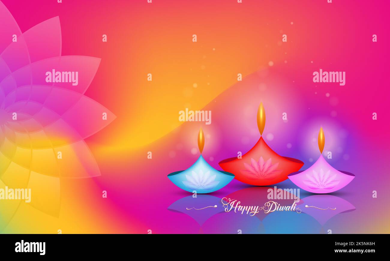 Felice Diwali Festival di luci India Celebration modello colorato. Banner grafico di Indian Lotus Diya Oil Lamps, Modern Design Illustrazione Vettoriale