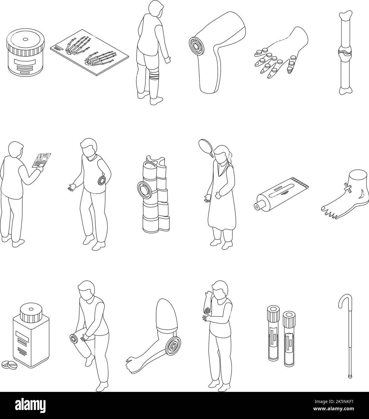 Set di icone di artrite. Insieme isometrico di icone vettore di artrite delineare sottile lne isolato su bianco Illustrazione Vettoriale