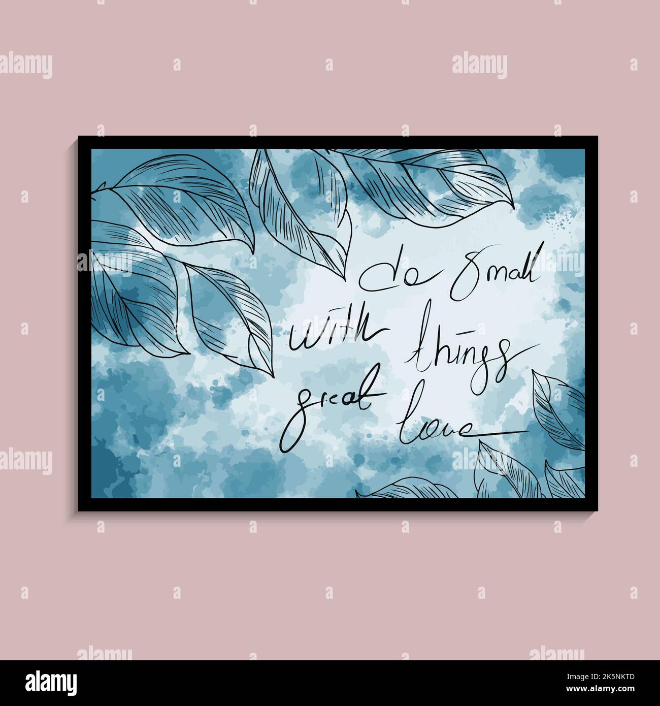Faccia piccolo con le cose grande amore nero scritto a mano sfondo blu acquerello. Poster con caratteri vettoriali. Illustrazione Vettoriale