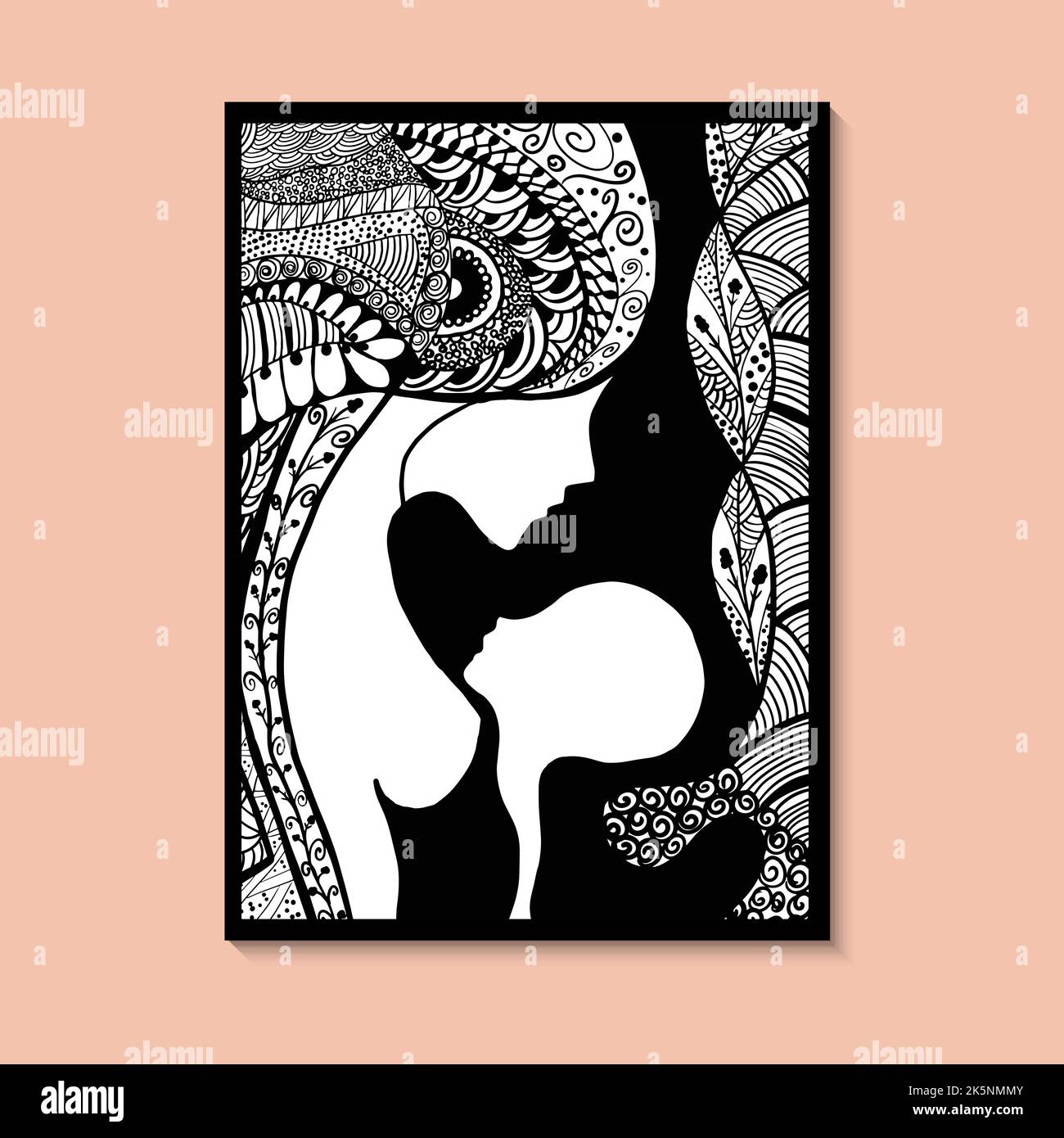 Modello di madre e bambino disegnato a mano con etnia. Illustrazione del vettore di disegno Mandala. Illustrazione in bianco e nero su sfondo bianco. Zen doodles. Illustrazione Vettoriale