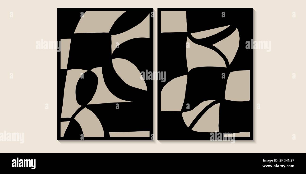 Forme nere astratte di metà secolo. Pareti d'arte minimalista in colori siyah, bej. Stile di linea semplice. Forme geometriche nere, cerchi Illustrazione Vettoriale